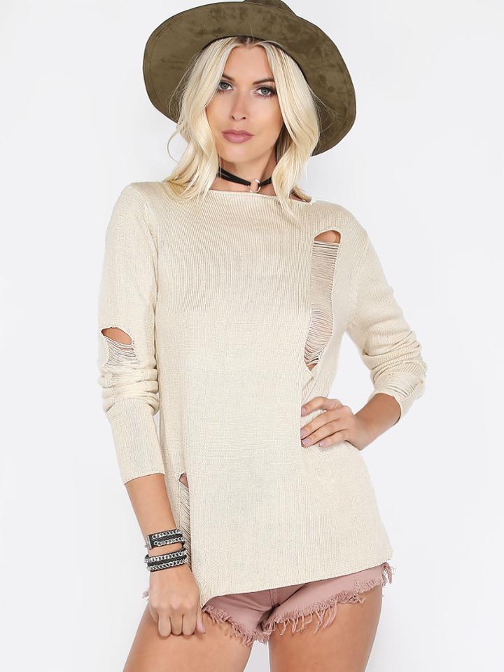 Shein Apricot Boat Neck Scoop Back Ripped Sweater