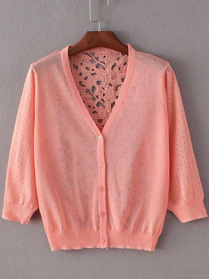 Shein Orange Hollow Lace Splicing Cardigan Knitwear