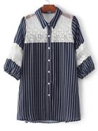 Shein Navy Lapel Crochet Elastic Cuff Buttons Front Dress