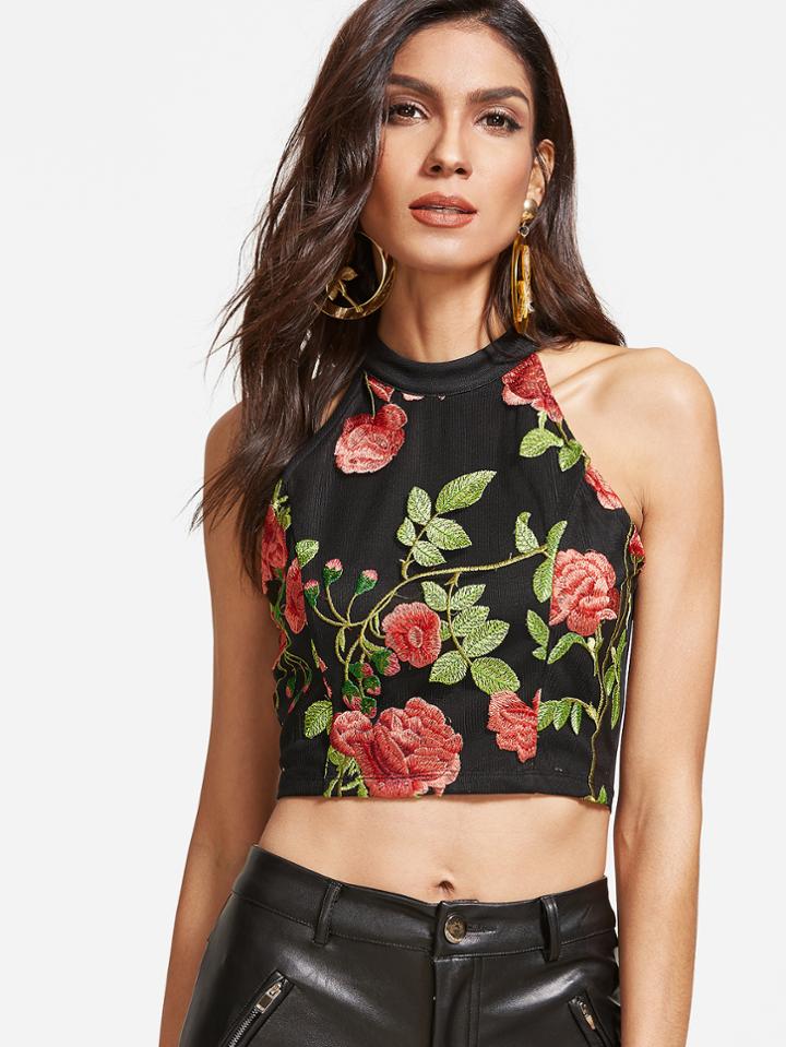 Shein Black Rose Embroidered Sheer Back Halter Neck Top