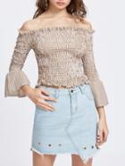 Shein Gingham Plaid Off The Shoulder Bell Sleeve Shirred Top