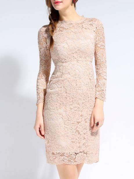 Shein Apricot Round Neck Length Sleeve Lace Dress