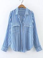 Shein Blue And White Striped Blouse With Pockets
