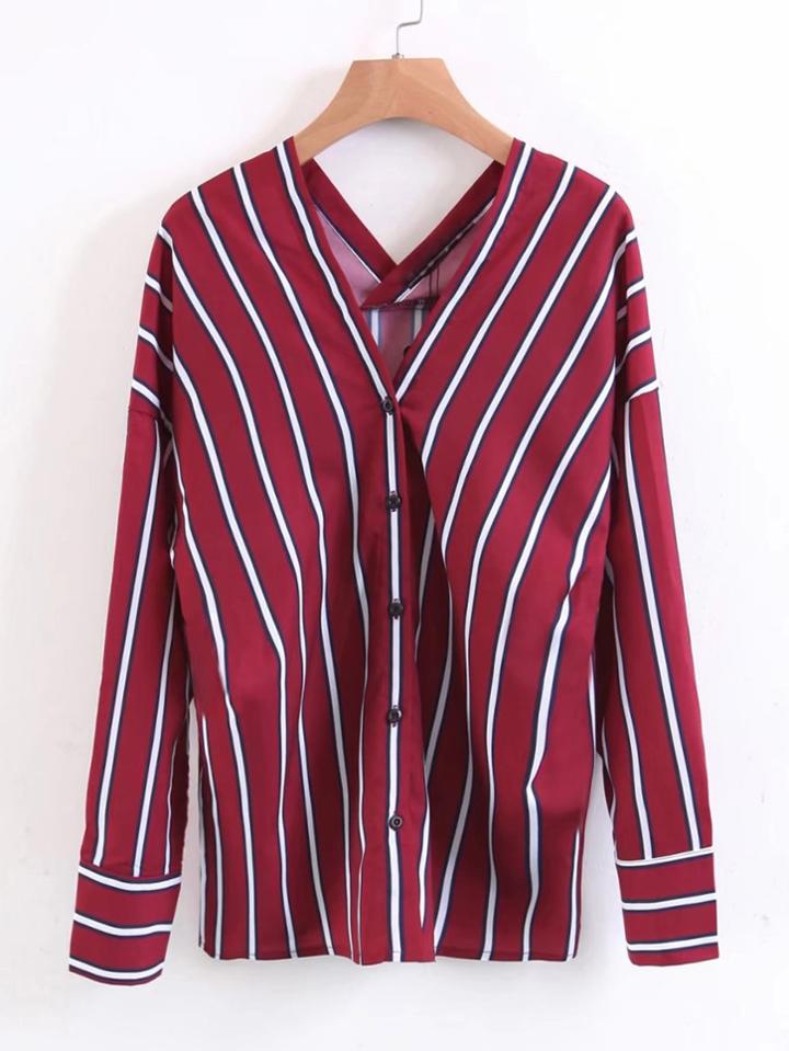 Shein Vertical Striped Double V Neckline Blouse