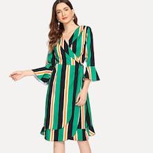 Shein Ruffle Hem Striped Wrap Dress