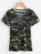 Shein Camouflage Print Lace Up Front Tee