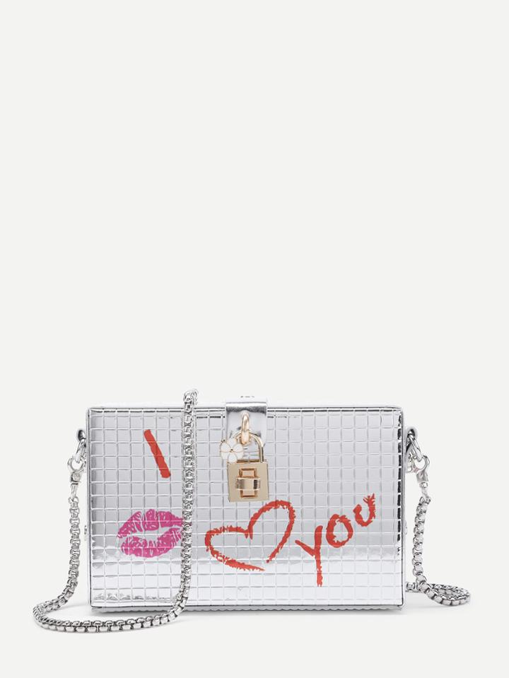 Shein Lock Design Print Pu Chain Box Bag
