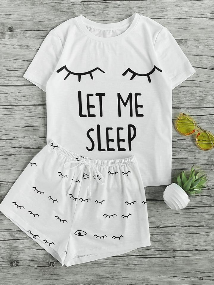 Shein Closed Eyes Print Tee And Shorts Pajama Set