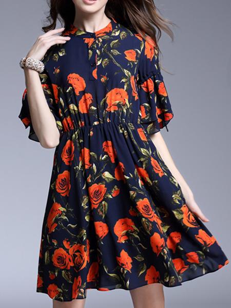 Shein Navy Bell Sleeve Print A-line Dress