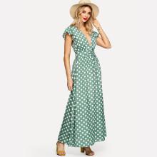 Shein Ruffle Embellished Plunging Neck Dot Dress