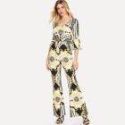 Shein Flounce Sleeve Crop Peplum Top And Flare Leg Pants Set