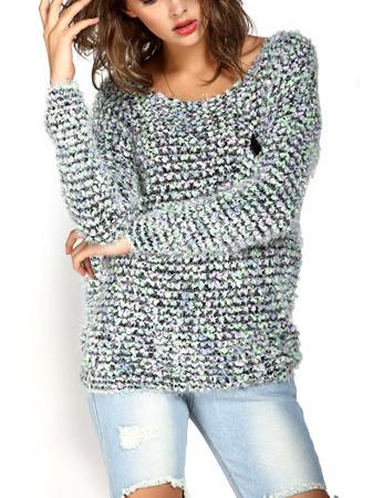 Shein Green Round Neck Pocket Mohair Sweater