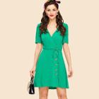 Shein Puff Sleeve Wrap Front Buttoned Dress