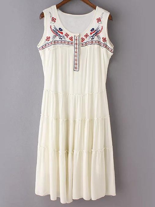 Shein White Sleeveless National Embroidery Cotton Hemp Dress