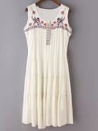 Shein White Sleeveless National Embroidery Cotton Hemp Dress