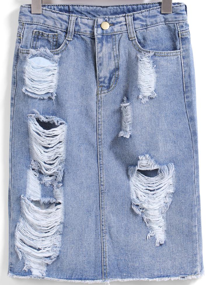 Shein Blue Ripped Straight Denim Skirt