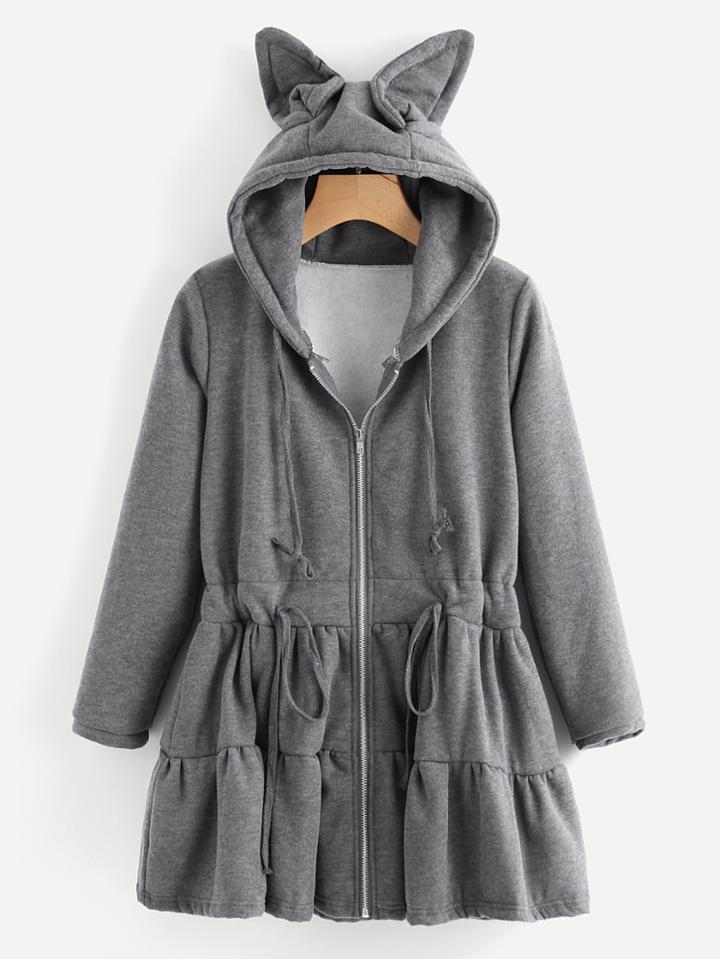 Shein Drawstring Waist Cat Ears Hooded Coat