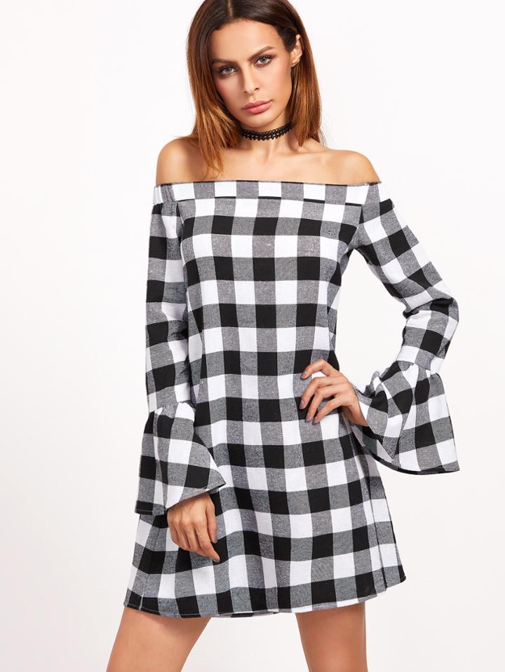 Shein Black And White Checkered Off The Shoulder Bell Cuff Dress
