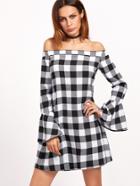 Shein Black And White Checkered Off The Shoulder Bell Cuff Dress