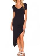 Rosewe Open Back Black Short Sleeve Asymmetric Dress
