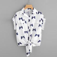 Shein Plus Bow Print Roll Up Sleeve Shirt