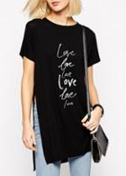 Rosewe Side Slit Letter Print Black Loose T Shirt
