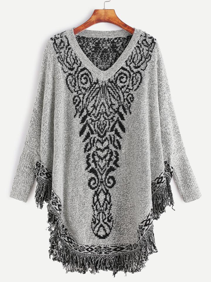 Shein Grey Dolman Sleeve Fringe Hem Poncho Sweater