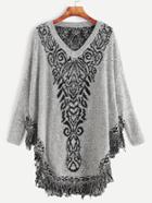 Shein Grey Dolman Sleeve Fringe Hem Poncho Sweater