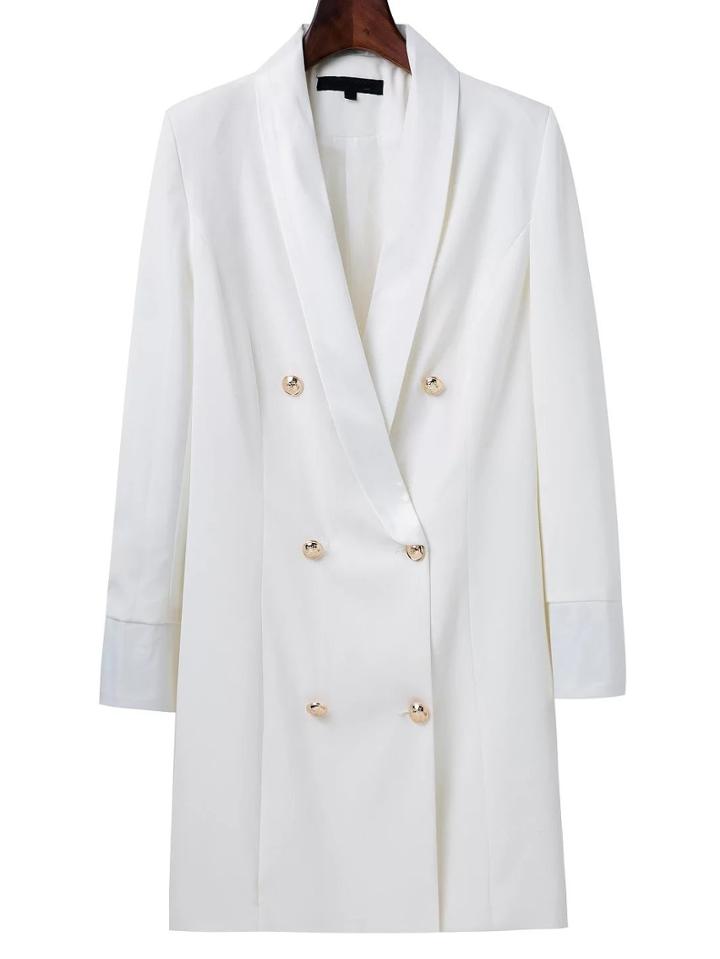 Shein White Shawl Collar Double Breasted Long Blazer