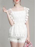 Shein White Boat Neck Crochet Hollow Top With Shorts