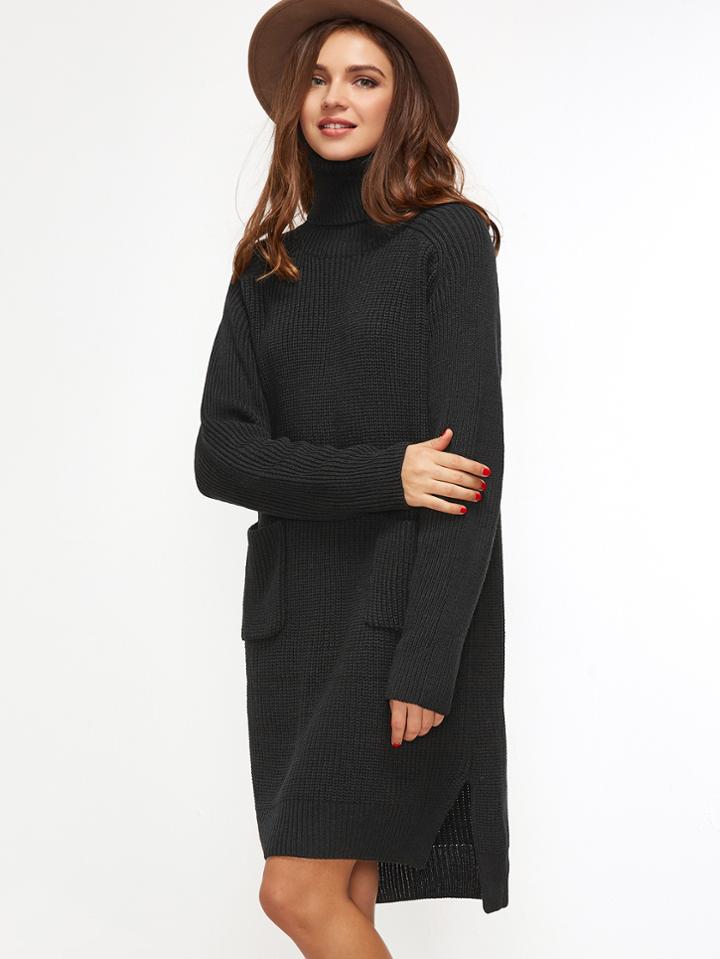 Shein Black Turtleneck Pocket Front High Low Slit Sweater Dress