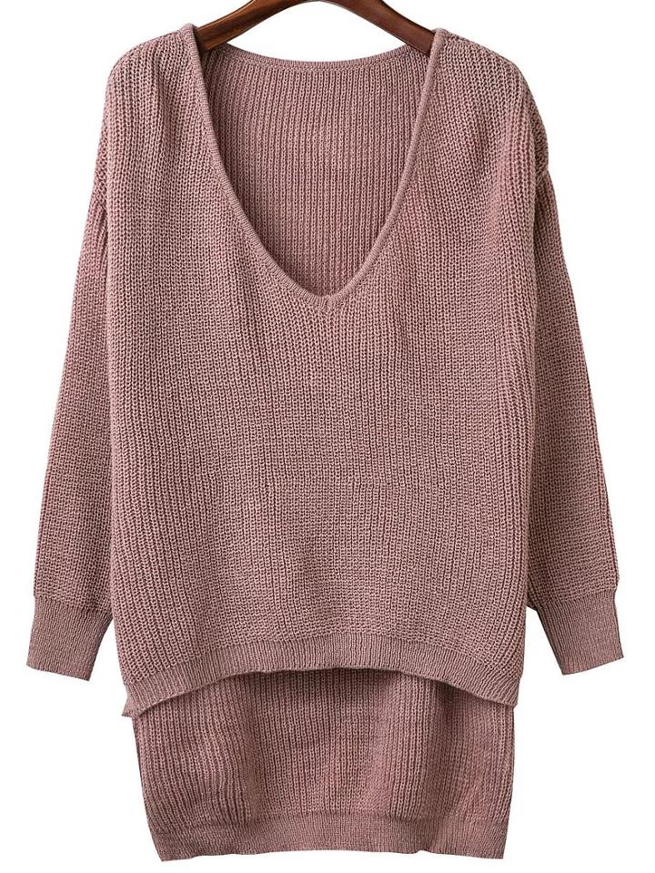 Shein Light Brown V Neck High Low Knitwear