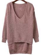Shein Light Brown V Neck High Low Knitwear