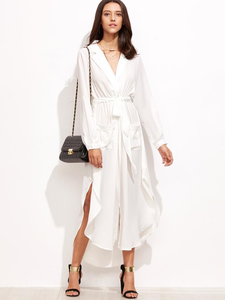 Shein White Curved Hem Belted Trench Dress