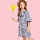 Shein Girls Bell Sleeve Eyelet Embroidered Striped Dress