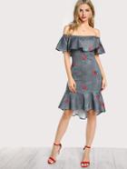 Shein Floral And Plaid Flounce Bardot Dress