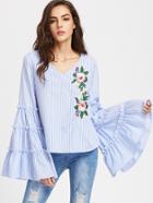 Shein Exaggerated Tiered Bell Sleeve Embroidered Striped Top