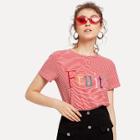 Shein Letter Embroidered Striped Tee