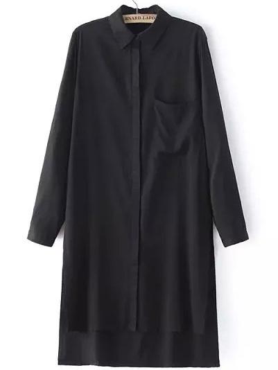 Shein Black Lapel Long Sleeve Dip Hem Pocket Shirt Dress