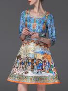 Shein Multicolor Round Neck Length Sleeve Vintage Print Dress