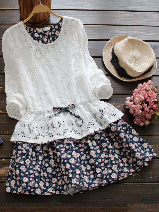 Shein Calico Print Random Lace Panel Drawstring Waist Dress
