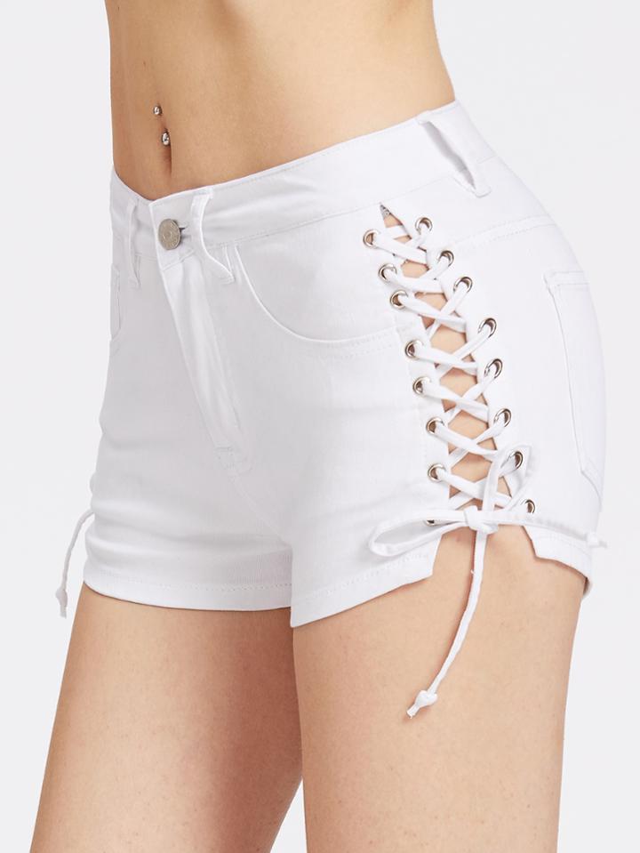 Shein Eyelet Lace Up Side 5 Pocket Denim Shorts