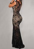 Shein Black Sleeveless Homecomming Sheer Eyelash Lace Floor Length Dress