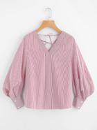 Shein Lace Up Back Bishop Sleeve Pinstripe Blouse