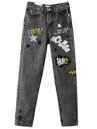 Shein Grey Letter Printed Button Fly Jeans