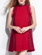 Shein Red Pleated Pockets Contrast Lace Dress