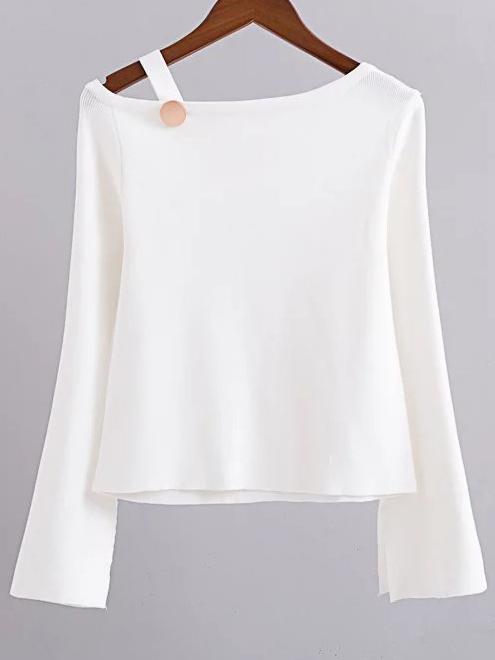 Shein White Button Embellished Boat Neck Slit Sleeve Knitwear