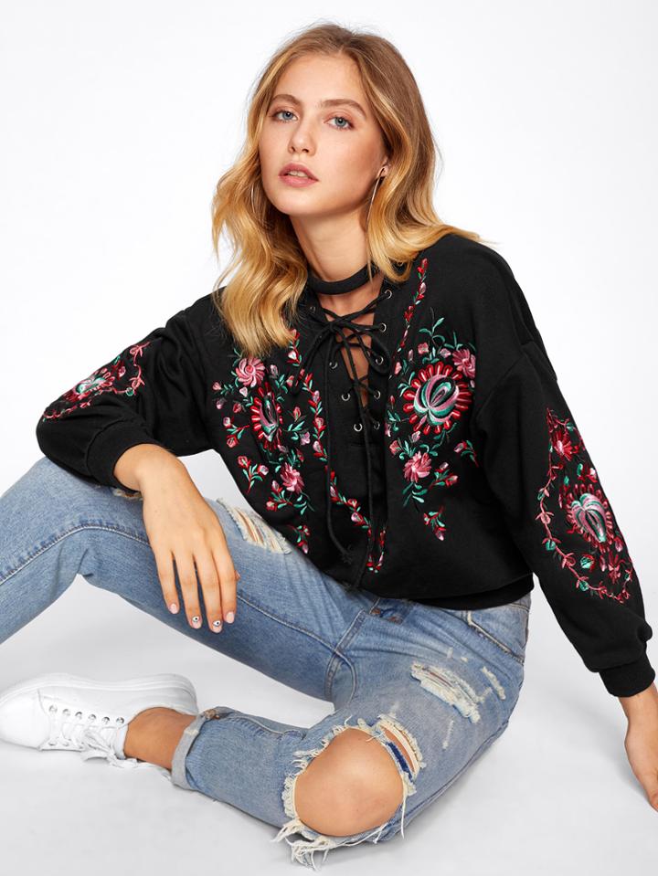 Shein Lace Up Choker Neck Embroidered Sweatshirt