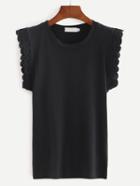 Shein Scalloped Cap Sleeve T-shirt - Black