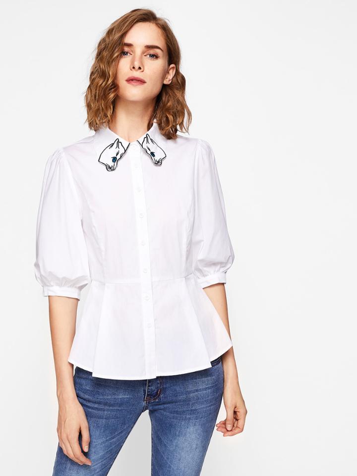Shein Embroidered Collar Lantern Sleeve Flare Blouse